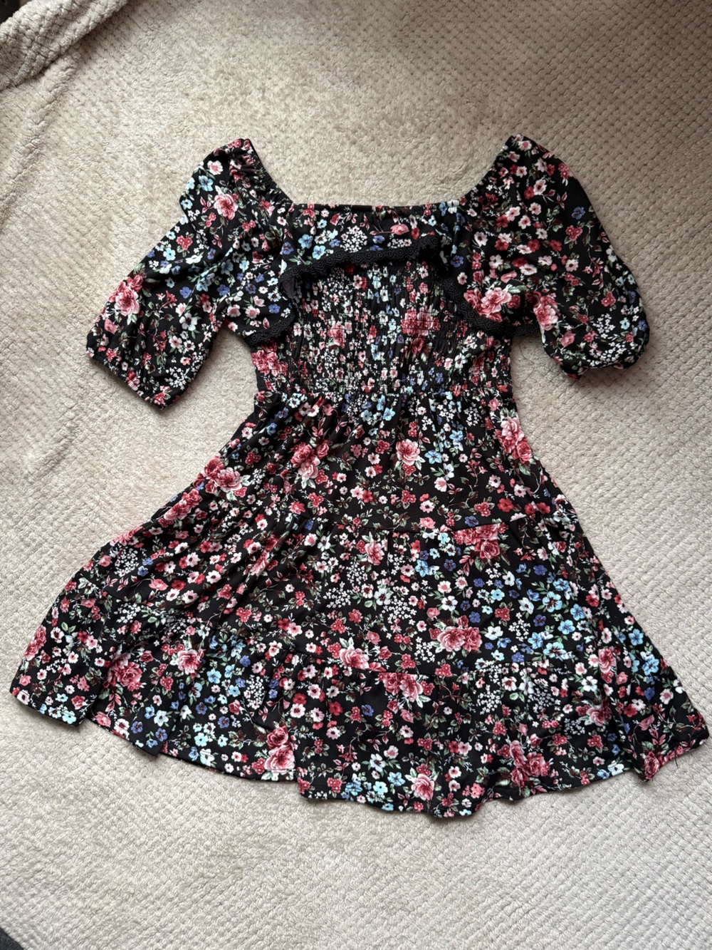 Knitworks Black Floral Puff Sleeve Dress with Pink and Blue Blooms